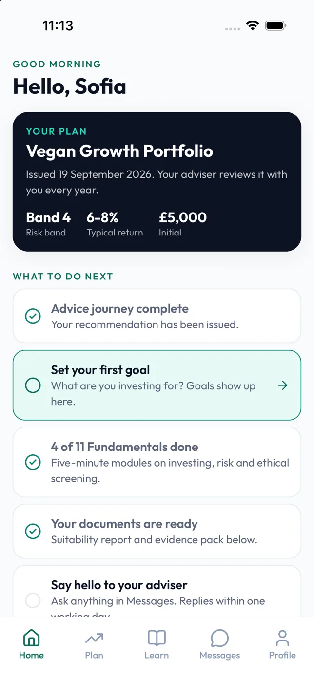 The app home screen showing an issued plan with its risk band and the documents ready to read