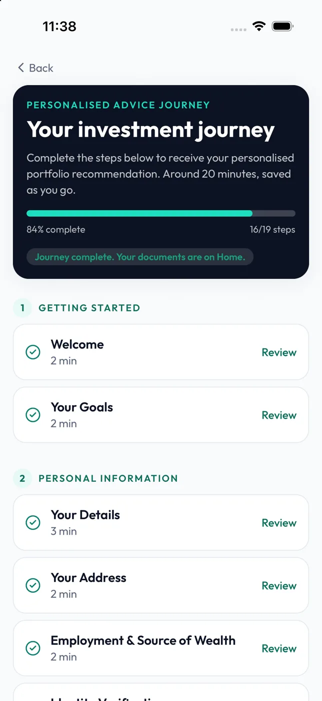 The app showing the advice journey broken into sections with each one ticked off as it is finished