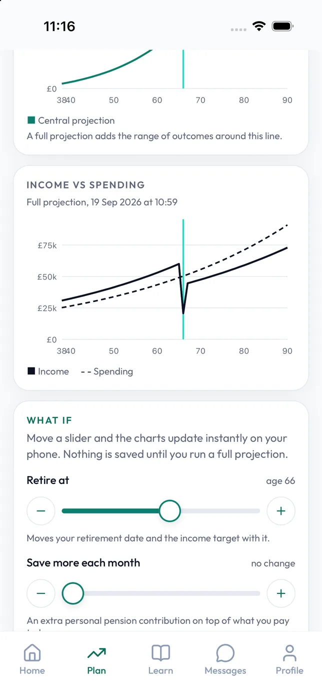 The app plan screen showing projections and sliders for testing a change to the plan